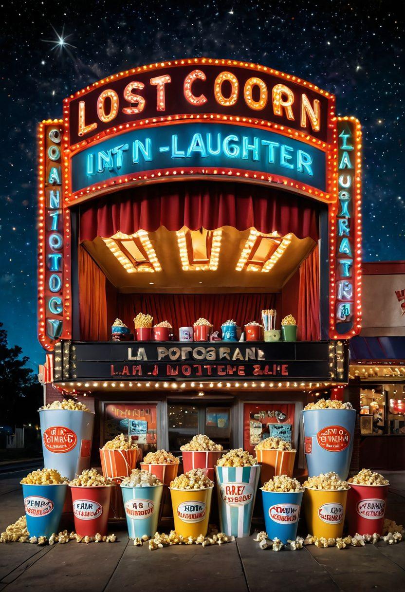 A whimsical scene depicting a vintage cinema filled with vibrant, oversized popcorn buckets, and colorful film reels spilling laughter around. A glowing marquee sign reads 'Lost in Laughter', capturing whimsical creatures like animated film characters enjoying classic comedies. The background features a dreamy, starry sky enhancing the joyful atmosphere. super-realistic. vibrant colors. cinematic style.