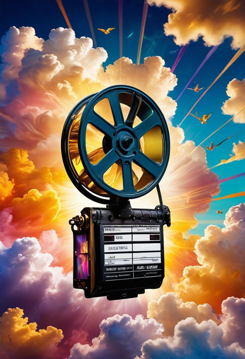 An enchanting film reel cascading through colorful clouds of joy, surrounded by iconic but forgotten movie scenes that evoke laughter and delight. Radiant bursts of golden light symbolize the essence of cinema joy, while whimsical characters from the film world float around. Integrate abstract elements representing nostalgia and bliss for a captivating visual narrative. vibrant colors. surreal. 3D.