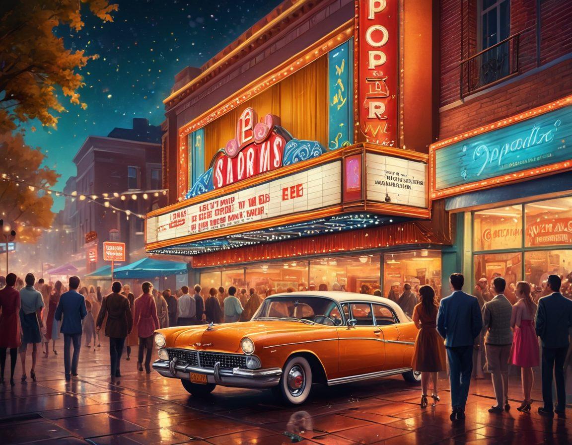 A whimsical scene depicting a vintage cinema with a glowing marquee featuring classic movie titles, surrounded by a crowd of joyful moviegoers, some holding popcorn and drinks. A film reel spins overhead showering sparkling confetti, while colorful retro posters of iconic films adorn the walls. The atmosphere spills with vibrant joy and nostalgia, evoking a sense of warmth and happiness. vibrant colors. super-realistic. retro style.